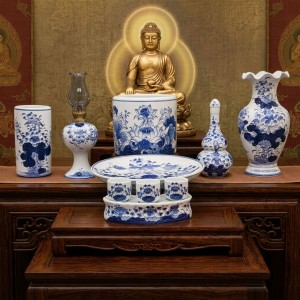 Bộ đồ thờ Bát Tràng men lam ngọc Lộc Phát ban thờ Phật