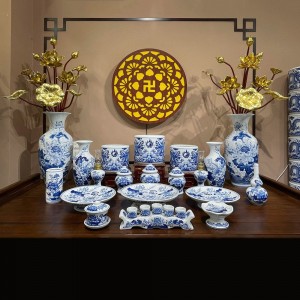 Bộ đồ thờ Bát Tràng men lam Trường An ban thờ 2m17