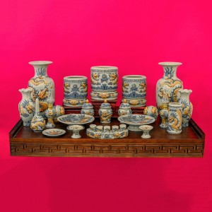 Bộ đồ thờ Bát Tràng Trường Xuân men rạn đắp nổi rồng ban thờ 1m97