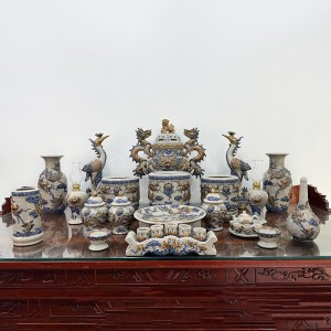 Bộ đồ thờ Bát Tràng men rạn nổi rồng Phúc Quý ban thờ 2m17 có đỉnh hạc