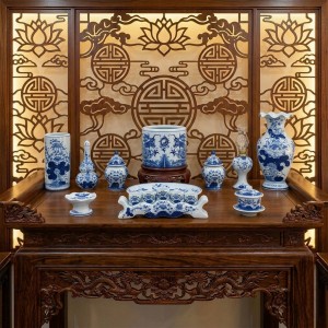 Bộ đồ thờ gia tiên men lam ngọc Lộc Phát ban thờ 1m75 1 bát hương