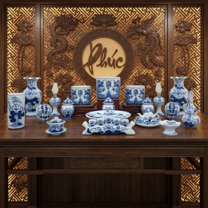 Bộ đồ thờ gia tiên men lam ngọc Lộc Phát ban thờ 1m97 3 bát hương