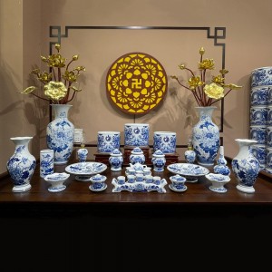 Bộ đồ thờ cúng Bát Tràng men lam Trường An ban thờ 1m97