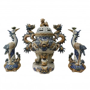 Bộ lư hương đỉnh hạc sứ Phúc Quý cao 43cm