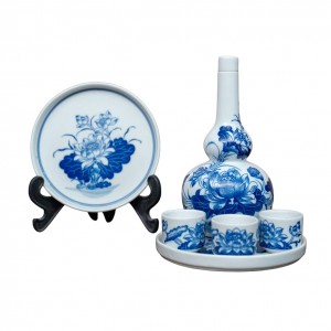 Bộ nậm rượu thờ men lam vẽ sen 3 chén