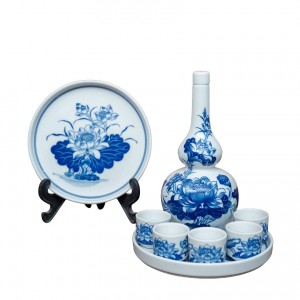 Bộ nậm rượu thờ men lam vẽ sen 5 chén