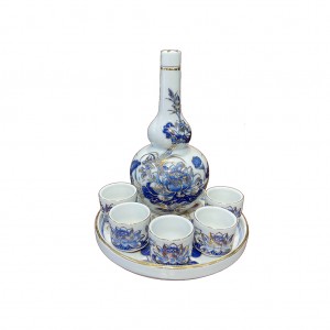 Bộ nậm rượu thờ men lam vẽ vàng hoa sen 5 chén