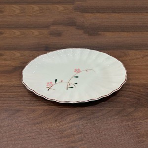 Đĩa bầu dục men kem vẽ hoa đào hồng S2