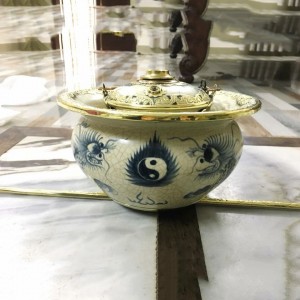 Điếu bát men rạn Song Long Chầu Nguyệt bọc đồng