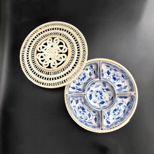 Khay mứt mây vẽ hoa phù dung dây màu xanh