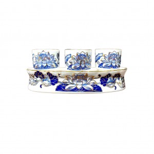 Kỷ chén rượu cong 3 men lam vẽ vàng Vạn Phúc Trường An