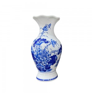 Lọ hoa bàn thờ miệng lượn men lam Vạn Phúc Trường An 30cm