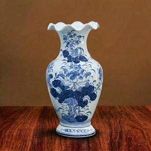 Lọ hoa bàn thờ miệng lượn men xanh ngọc Lộc Phát 32cm