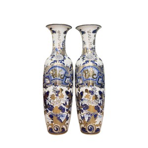 Lọ lộc bình Bát Tràng men lam Phúc Đức vẽ vàng nano 1m4