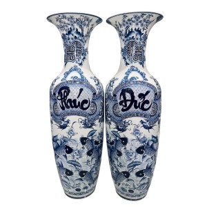 Lọ lục bình Bát Tràng men lam hàng khử Phúc Đức 1m1