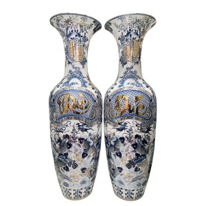 Lọ lục bình Bát Tràng men lam hàng khử Phúc Đức 1m4 vẽ vàng