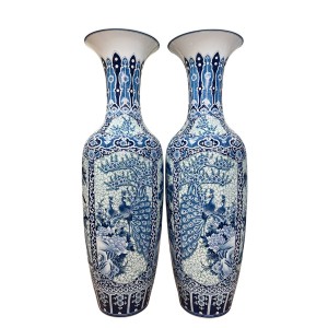 Lọ lục bình Bát Tràng men lam hàng khử Tứ Quý thêu hoa dệt gấm 1m4