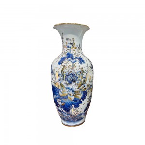 Lộc bình men lam vẽ vàng hoa sen vẽ kỹ cao 25cm