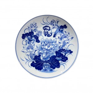 Mâm bồng men lam Vạn Phúc Trường An 25cm