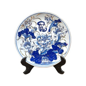 Mâm bồng men lam vẽ vàng Vạn Phúc Trường An 20cm