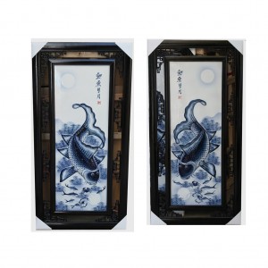 Tranh cá chép trông trăng men lam đắp nổi 85x42cm