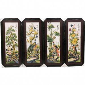 Tranh tứ quý men màu đắp nổi Bát Tràng Tùng Cúc Trúc Mai 112x45cm