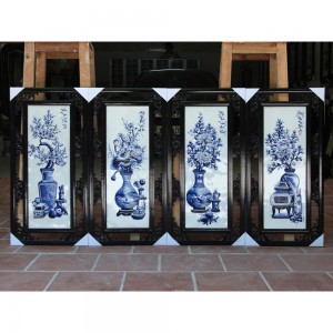 Tranh tứ quý men lam đắp nổi vẽ cổ đồ 85x42cm