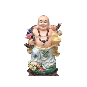 Tượng sứ Di Lặc men rạn ghánh hồ lô đào cao 52cm