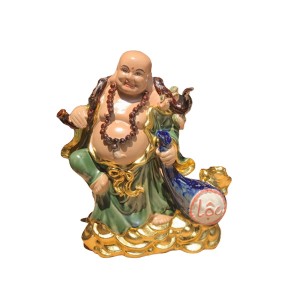 Tượng sứ Di Lặc kéo túi lộc S2 dát vàng cao 40cm