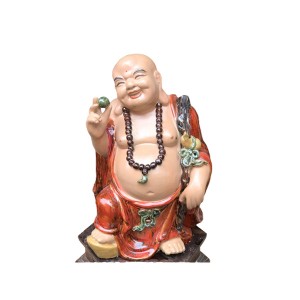 Tượng sứ Di lặc men màu dáng đứng cầm ngọc cao 43cm