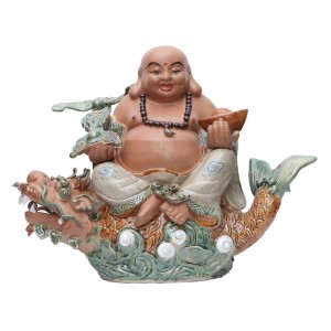 Tượng sứ Di Lặc men rạn ngồi cá Chép hóa Rồng 40x60cm