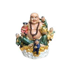 Tượng sứ Di Lặc ngũ phúc ngồi đài sen cao 38cm